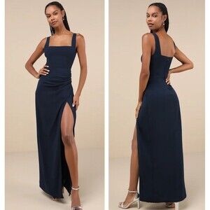 Lulus Glamorous Disposition Navy Blue Maxi Dress Size Medium Ruched Slit Wedding